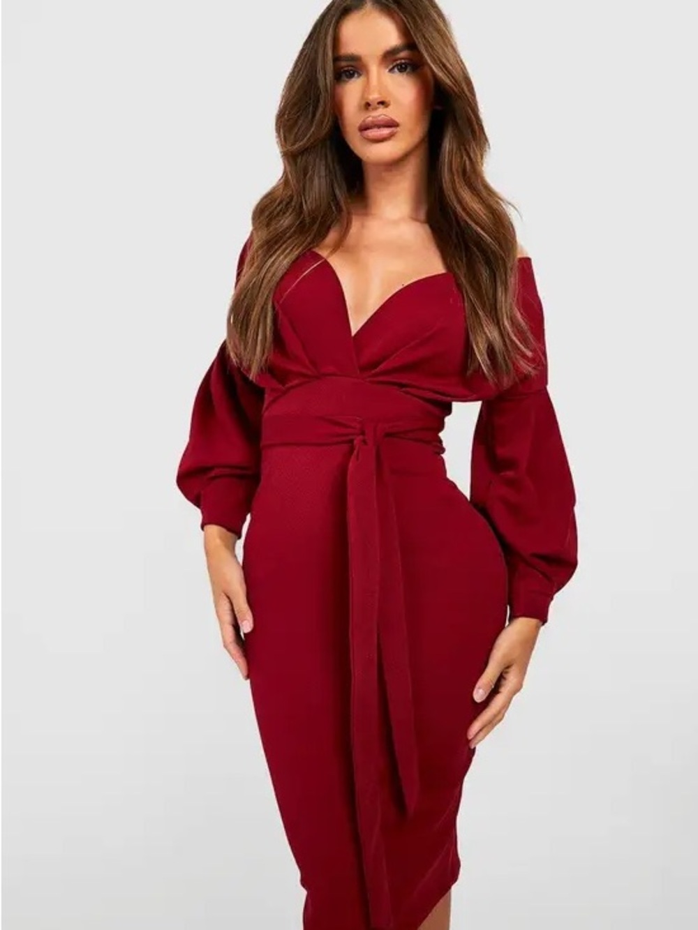 Women’s Burgundy Off the Shoulder Wrap Midi Dress